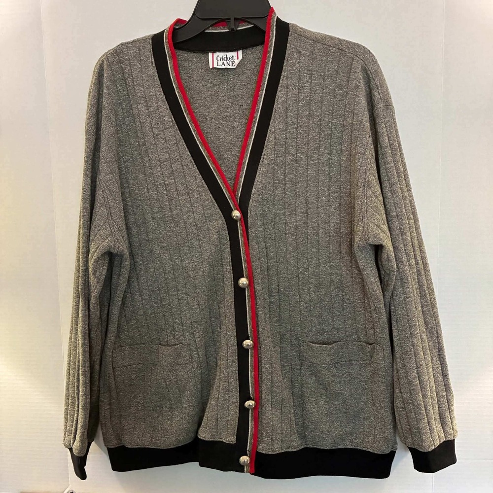 Cricket Lane Cardigan Sweater Womens L Gray Ribbed V-Neck Button Front Classic